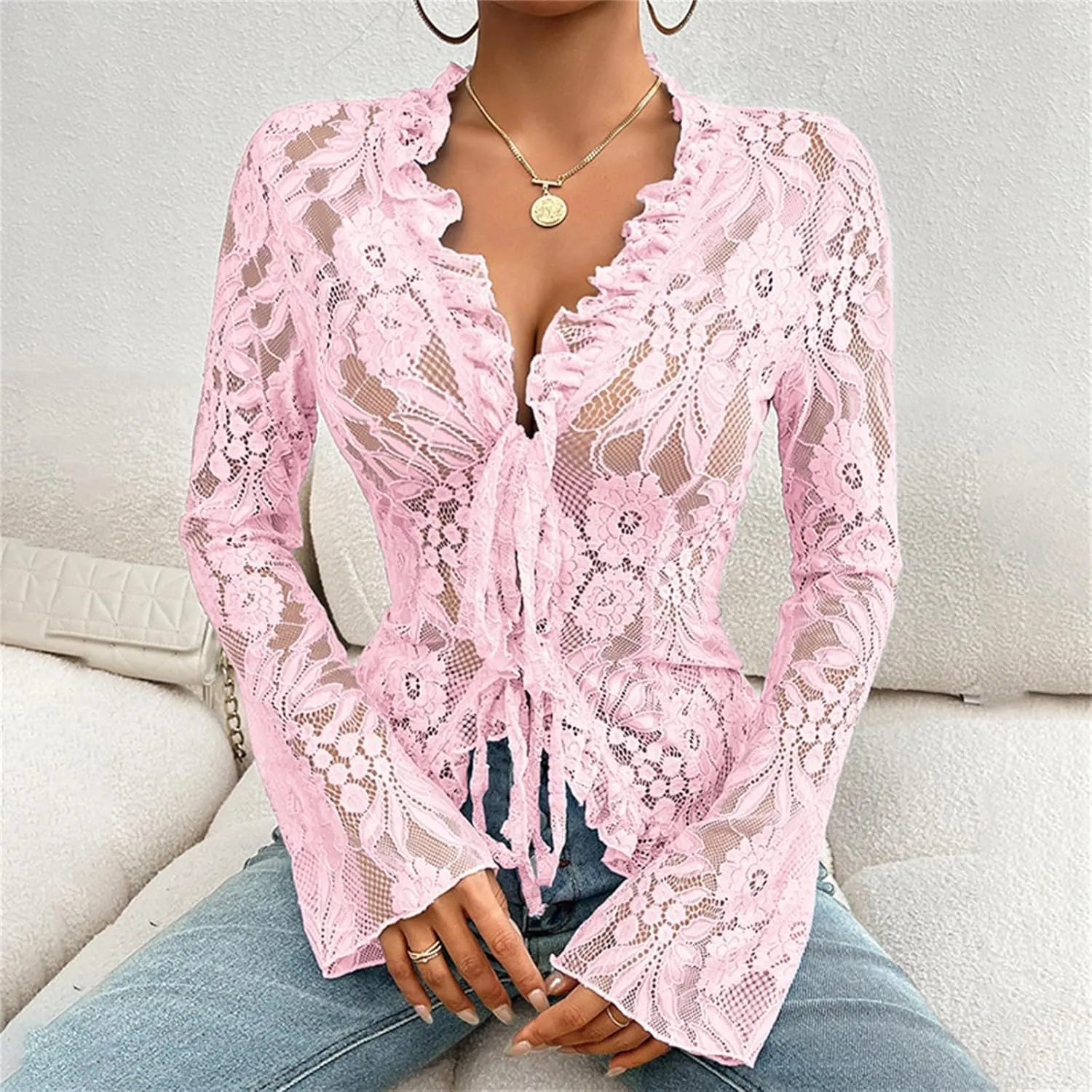 Women's Lace Long Sleeve Crop Top Sexy V Neck See Through Shirt Floral Lace Open Front Tie Blouse Streetwear