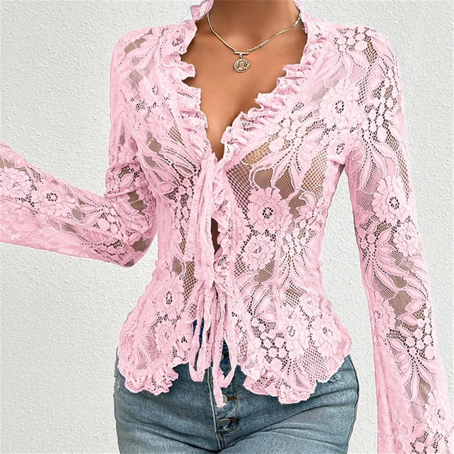 Women's Lace Long Sleeve Crop Top Sexy V Neck See Through Shirt Floral Lace Open Front Tie Blouse Streetwear