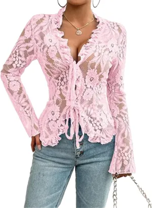Women's Lace Long Sleeve Crop Top Sexy V Neck See Through Shirt Floral Lace Open Front Tie Blouse Streetwear