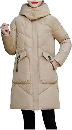 Women's Long Puffer Jacket Casual Zip Up Quilted Hooded Thickened Warm Winter Padded Down Coat Loose Outerwear