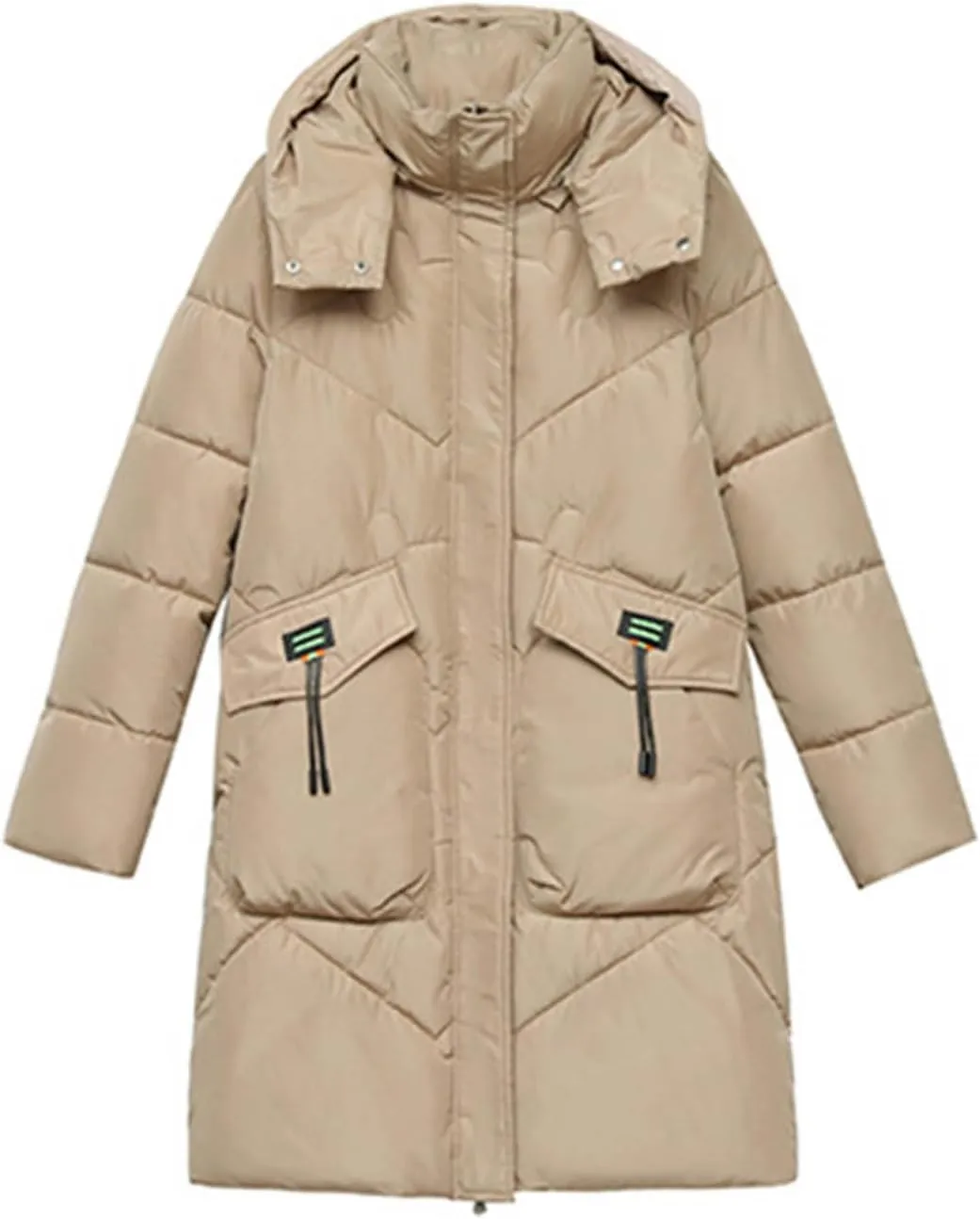 Women's Long Puffer Jacket Casual Zip Up Quilted Hooded Thickened Warm Winter Padded Down Coat Loose Outerwear
