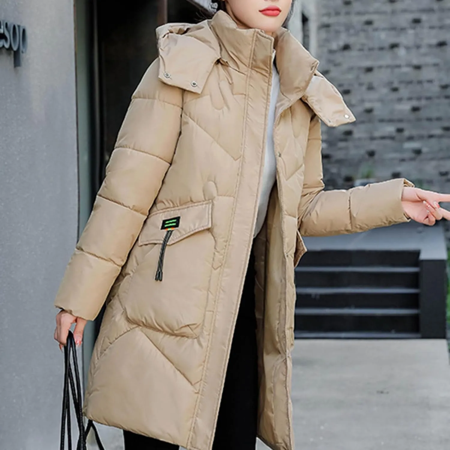 Women's Long Puffer Jacket Casual Zip Up Quilted Hooded Thickened Warm Winter Padded Down Coat Loose Outerwear