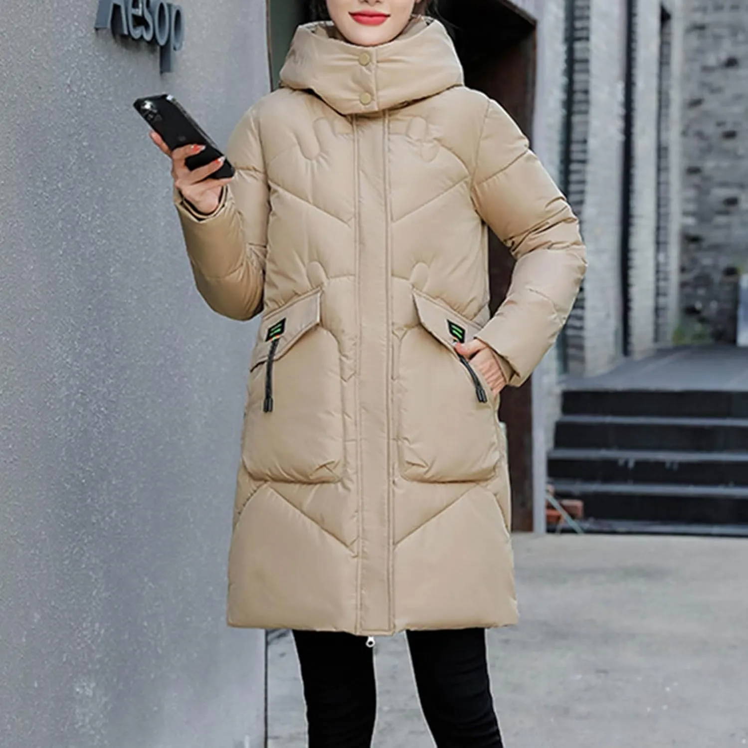Women's Long Puffer Jacket Casual Zip Up Quilted Hooded Thickened Warm Winter Padded Down Coat Loose Outerwear