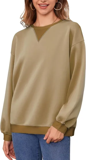 Womens Long Sleeve Color Block Sweatshirts Y2K Crew Neck Oversized Pullover Fall Sweaters Tops with Two Pockets