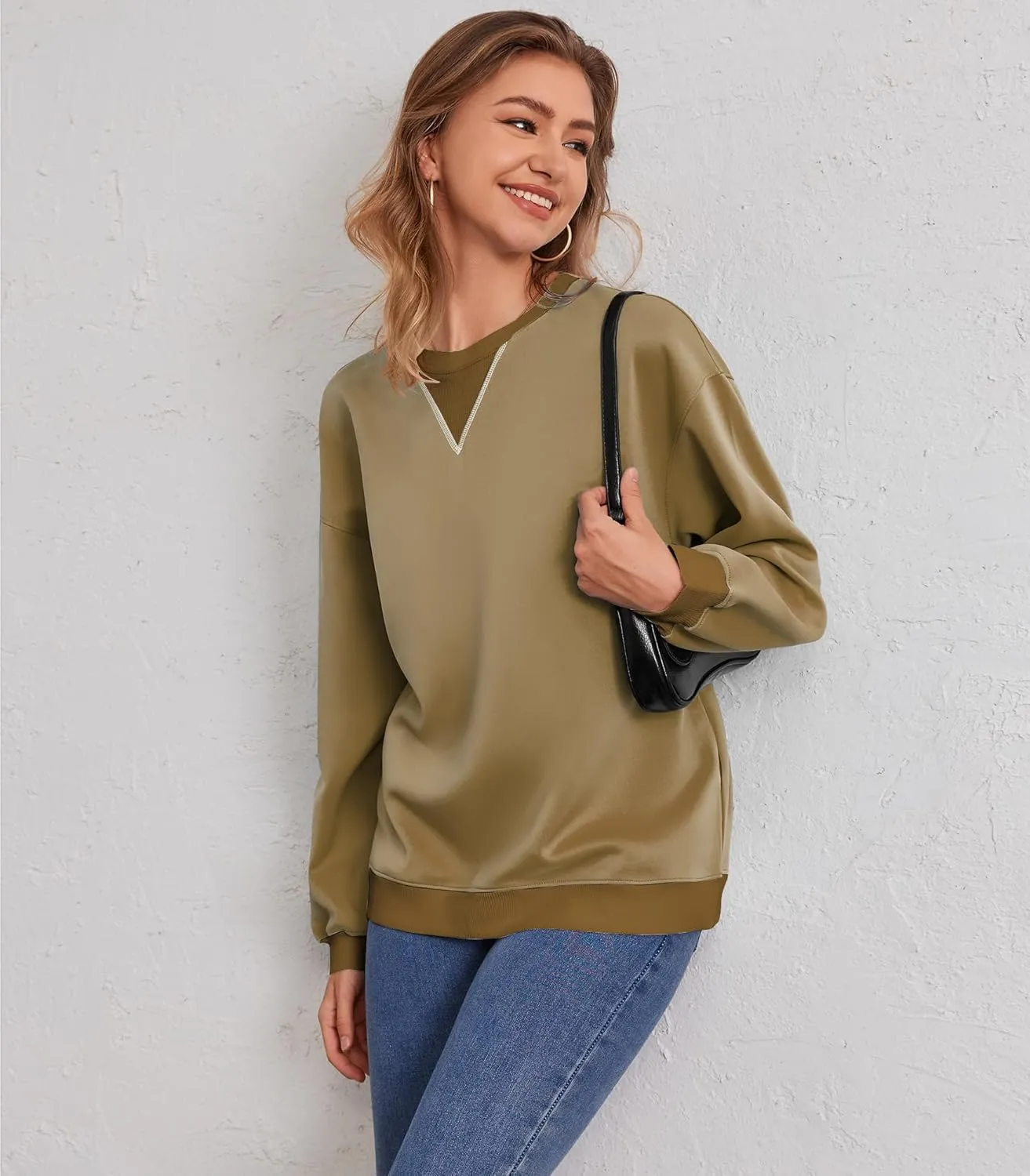 Womens Long Sleeve Color Block Sweatshirts Y2K Crew Neck Oversized Pullover Fall Sweaters Tops with Two Pockets