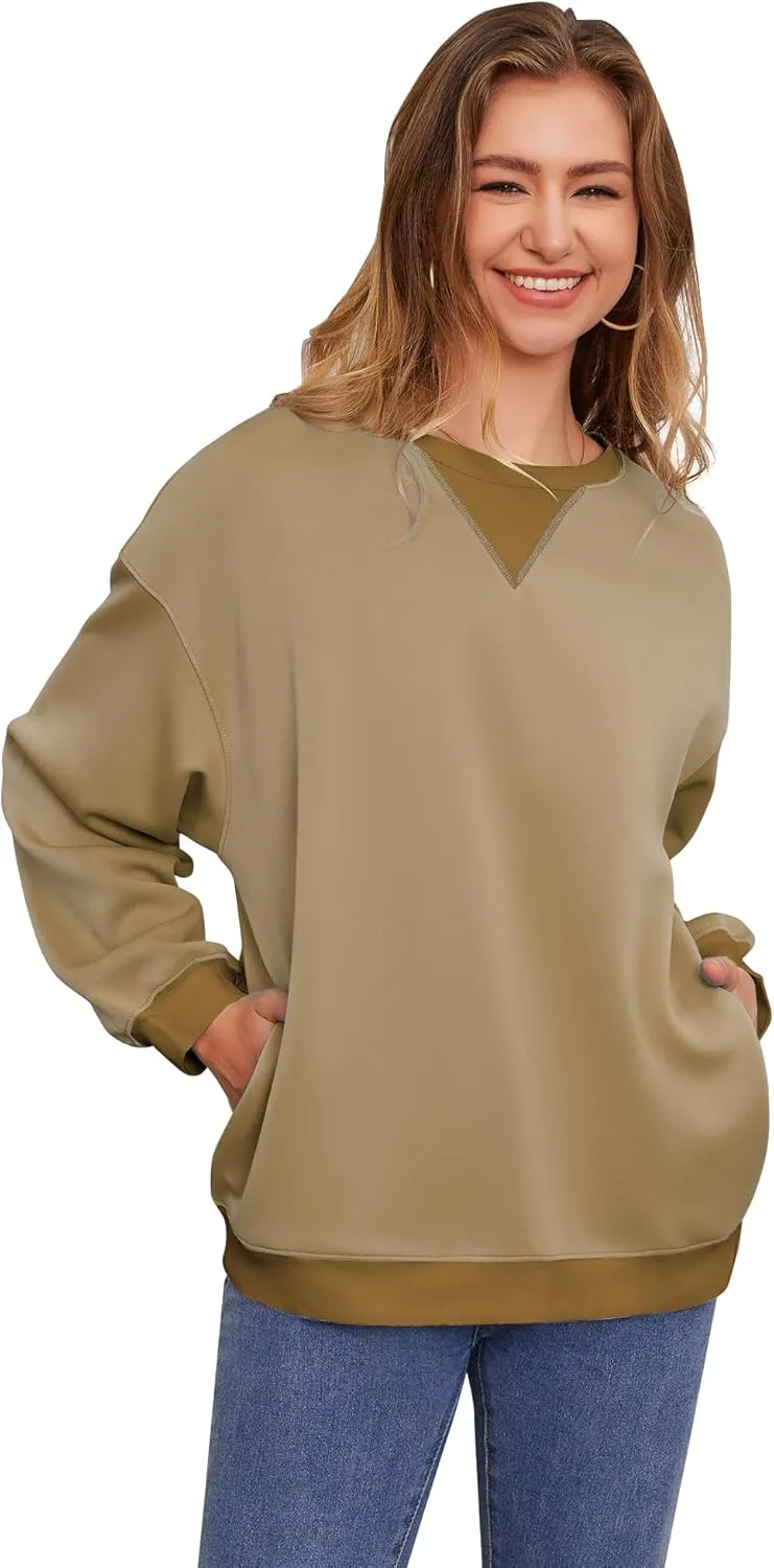Womens Long Sleeve Color Block Sweatshirts Y2K Crew Neck Oversized Pullover Fall Sweaters Tops with Two Pockets
