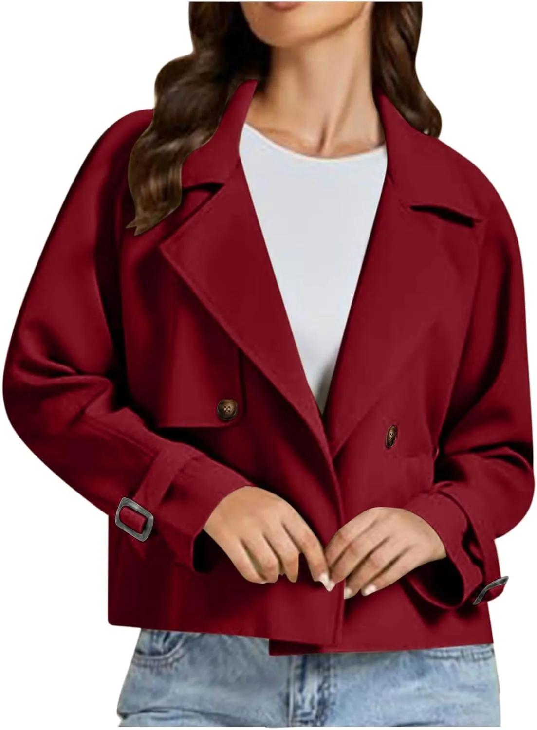 Womens Long Sleeve Crop Trench Coat Lapel Double Breasted Loose Casual Jacket with Pockets Classic Elegant Coats