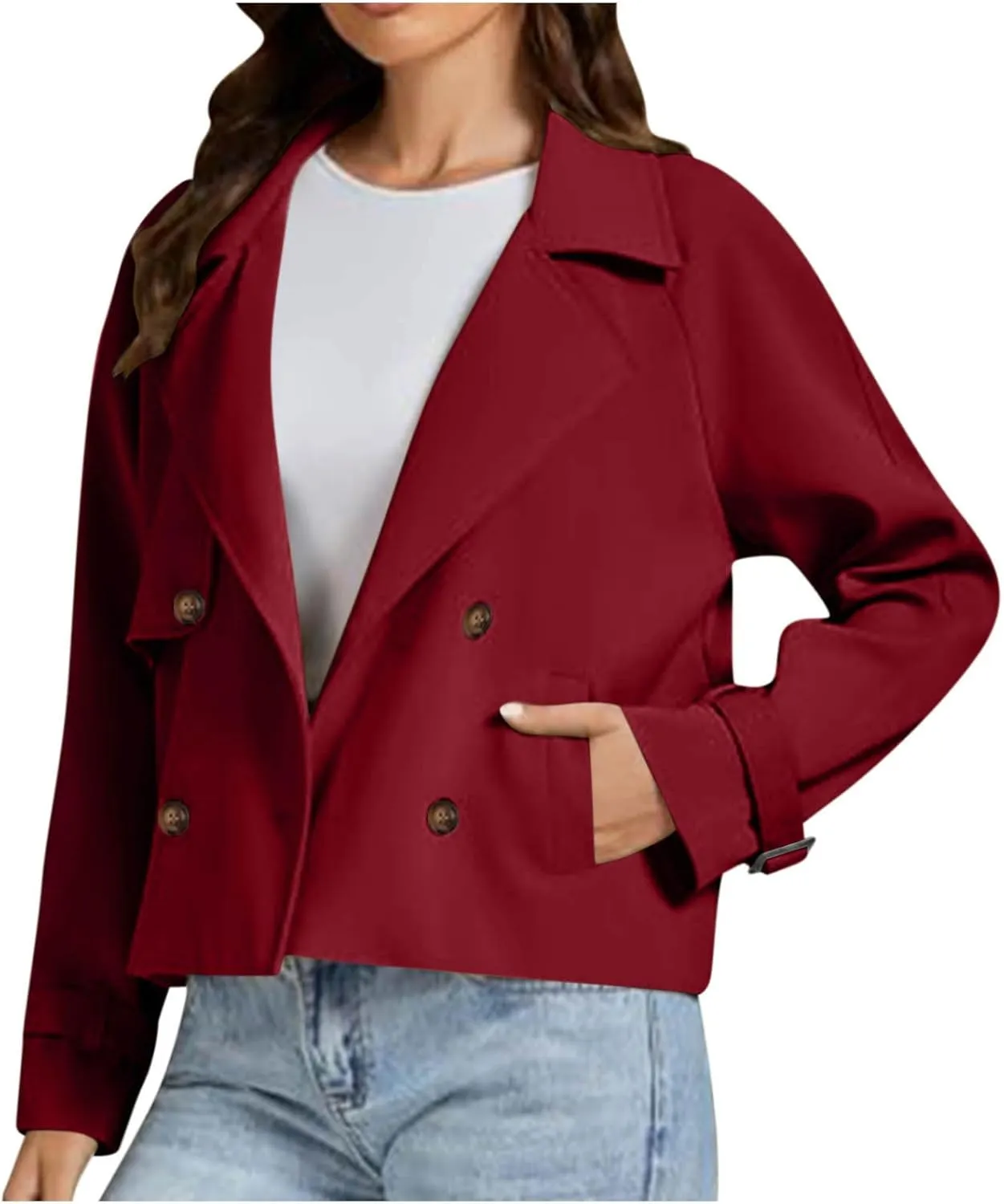 Womens Long Sleeve Crop Trench Coat Lapel Double Breasted Loose Casual Jacket with Pockets Classic Elegant Coats
