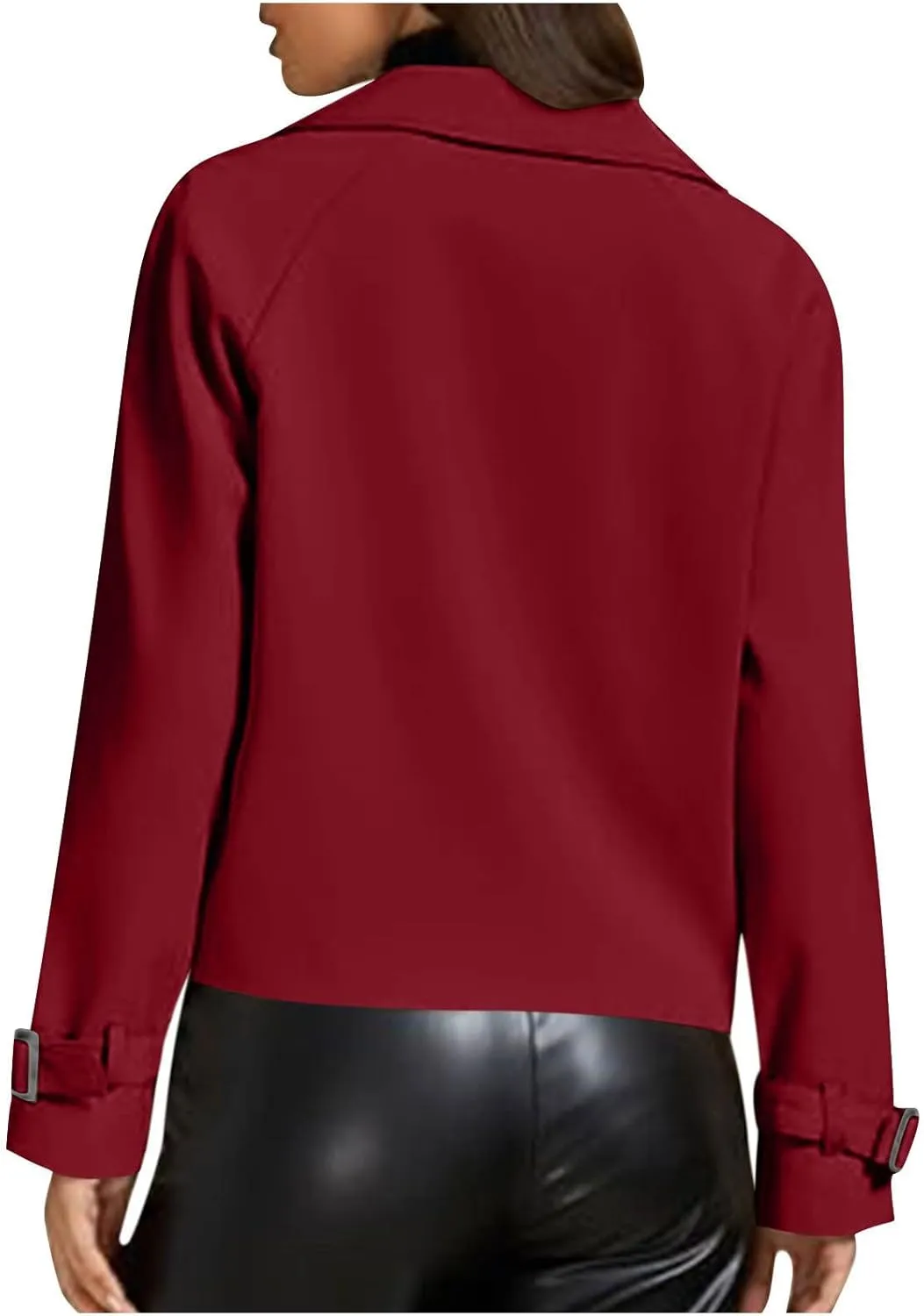 Womens Long Sleeve Crop Trench Coat Lapel Double Breasted Loose Casual Jacket with Pockets Classic Elegant Coats