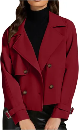 Womens Long Sleeve Crop Trench Coat Lapel Double Breasted Loose Casual Jacket with Pockets Classic Elegant Coats