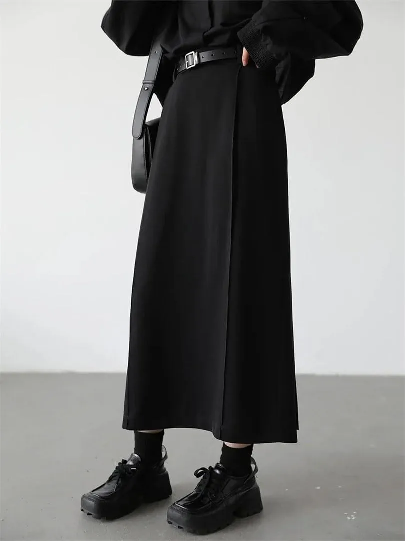 Women's Loose High Waist Pleated Straight Tube Skirt Slit Office Skirts