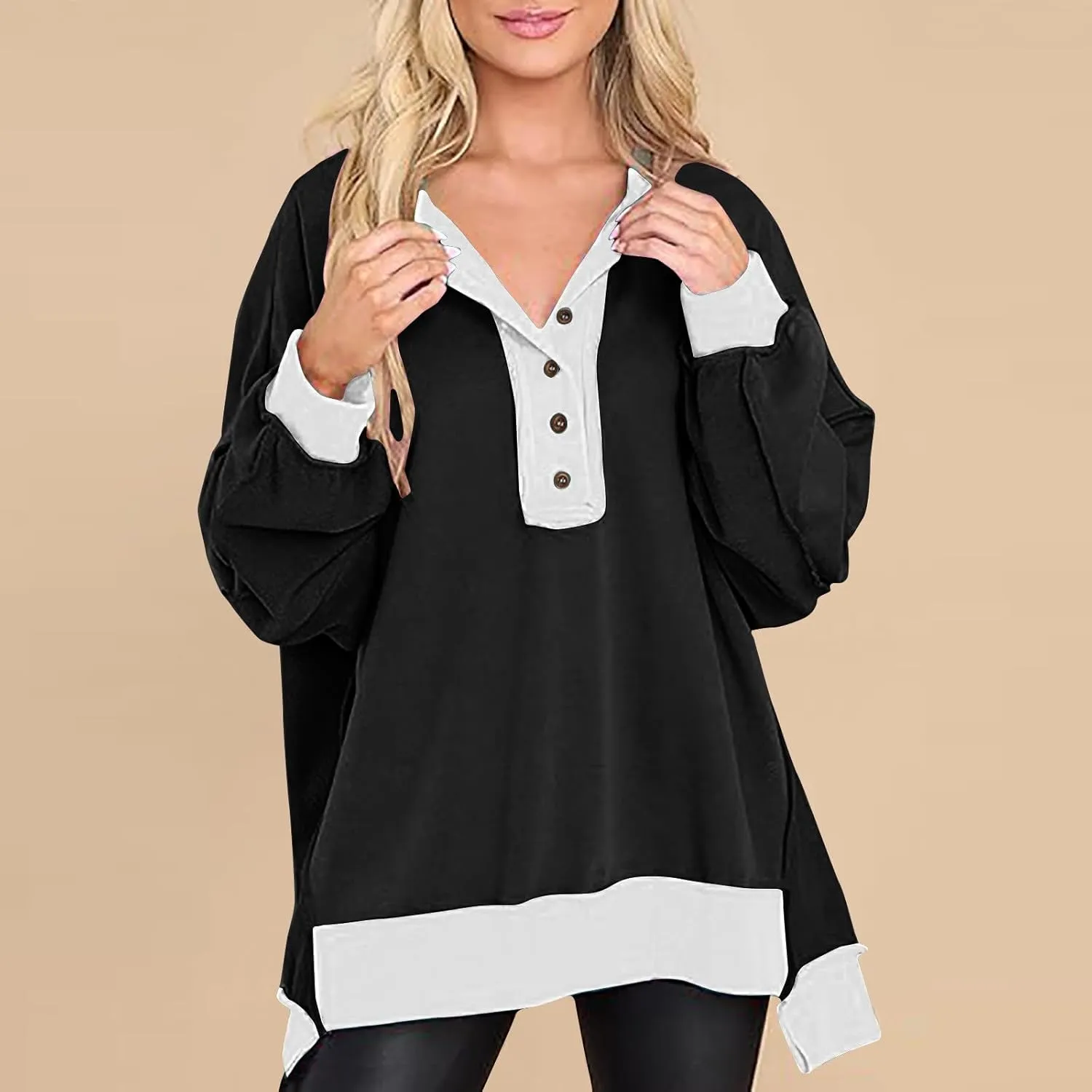 Womens Oversized Sweatshirts Long Sleeve Henley Neck Button Down Pullover Hoodies 2024 High Low Trendy Fall Clothes