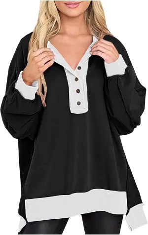 Womens Oversized Sweatshirts Long Sleeve Henley Neck Button Down Pullover Hoodies 2024 High Low Trendy Fall Clothes