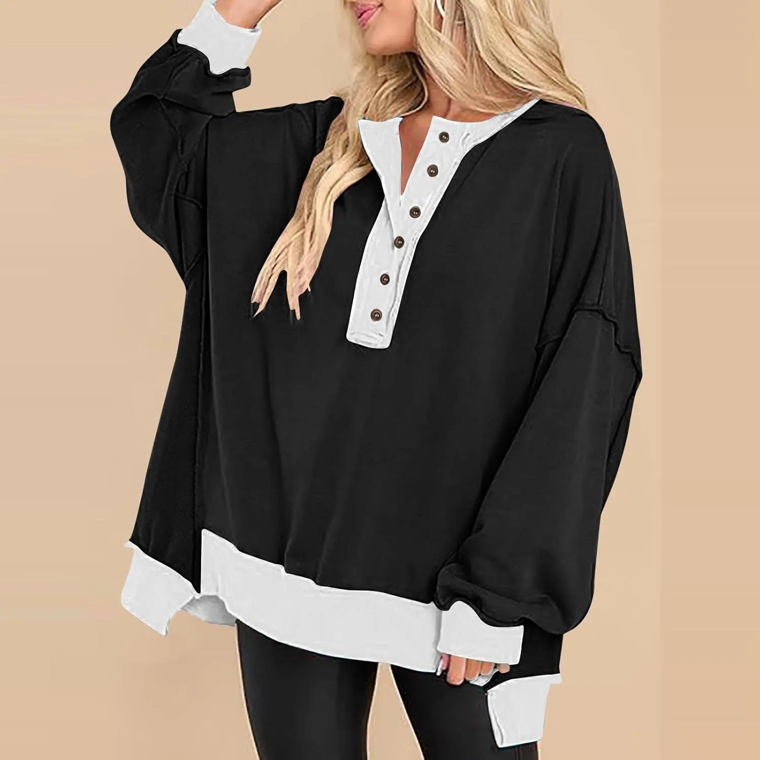 Womens Oversized Sweatshirts Long Sleeve Henley Neck Button Down Pullover Hoodies 2024 High Low Trendy Fall Clothes