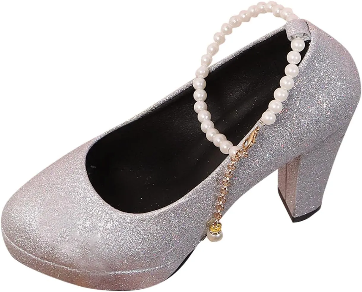 Women's Platform High Chunky Heels Closed Toe Block Ankle Strap Dress Buckle Round Toe Wedding Party Pumps Dress Shoes
