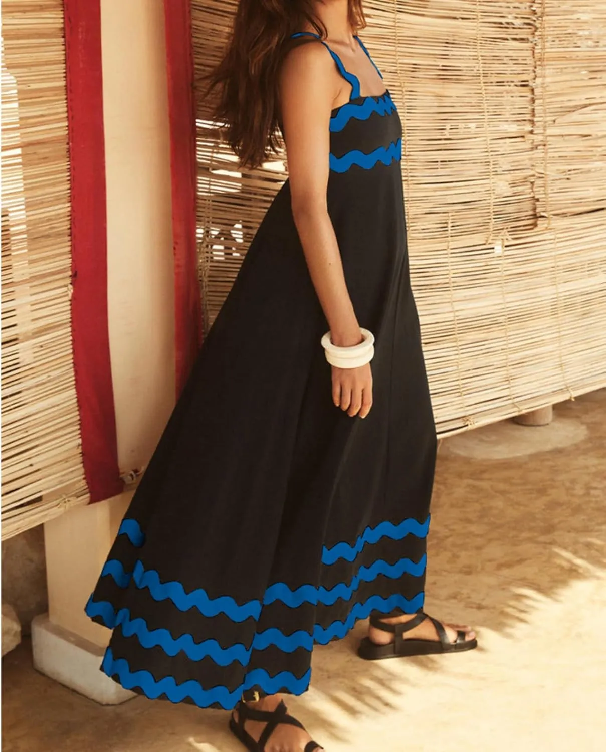 Women's Retro Plaid Maxi Dress 2025 Thick Shoulder Straps Back Cutout Smocked Flounce Hem Summer Beach Long Dress