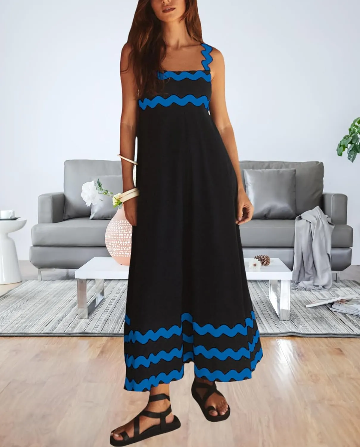 Women's Retro Plaid Maxi Dress 2025 Thick Shoulder Straps Back Cutout Smocked Flounce Hem Summer Beach Long Dress