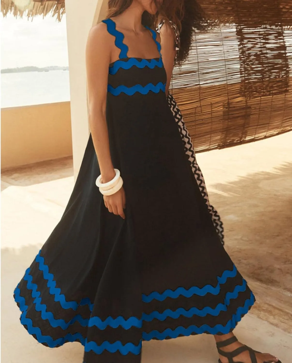 Women's Retro Plaid Maxi Dress 2025 Thick Shoulder Straps Back Cutout Smocked Flounce Hem Summer Beach Long Dress