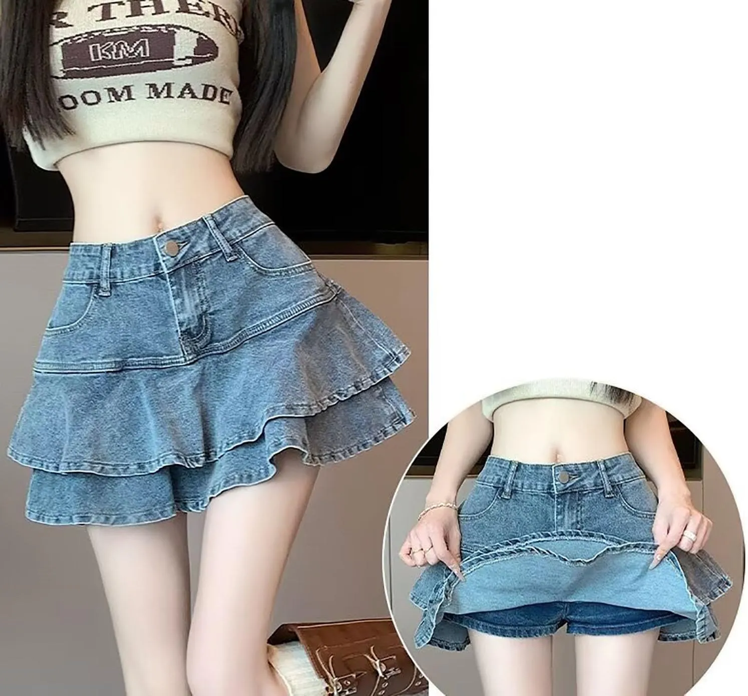 Women's Ruffle Multi-Layer Denim Skirt Casual A-Line Ruffle Y2K Mini Denim Skirt