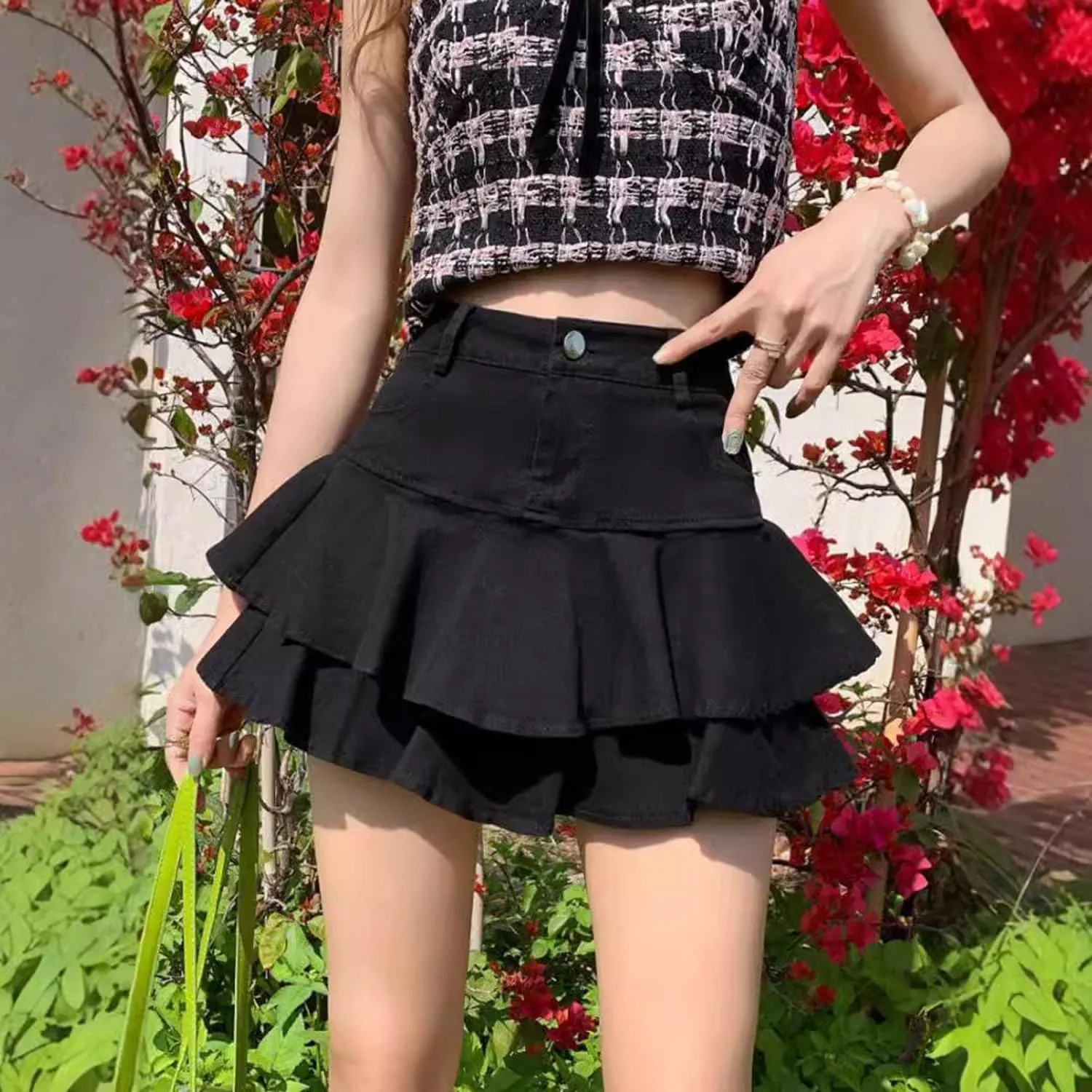 Women's Ruffle Multi-Layer Denim Skirt Casual A-Line Ruffle Y2K Mini Denim Skirt