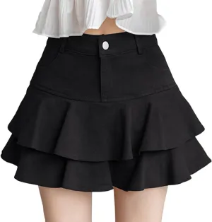 Women's Ruffle Multi-Layer Denim Skirt Casual A-Line Ruffle Y2K Mini Denim Skirt
