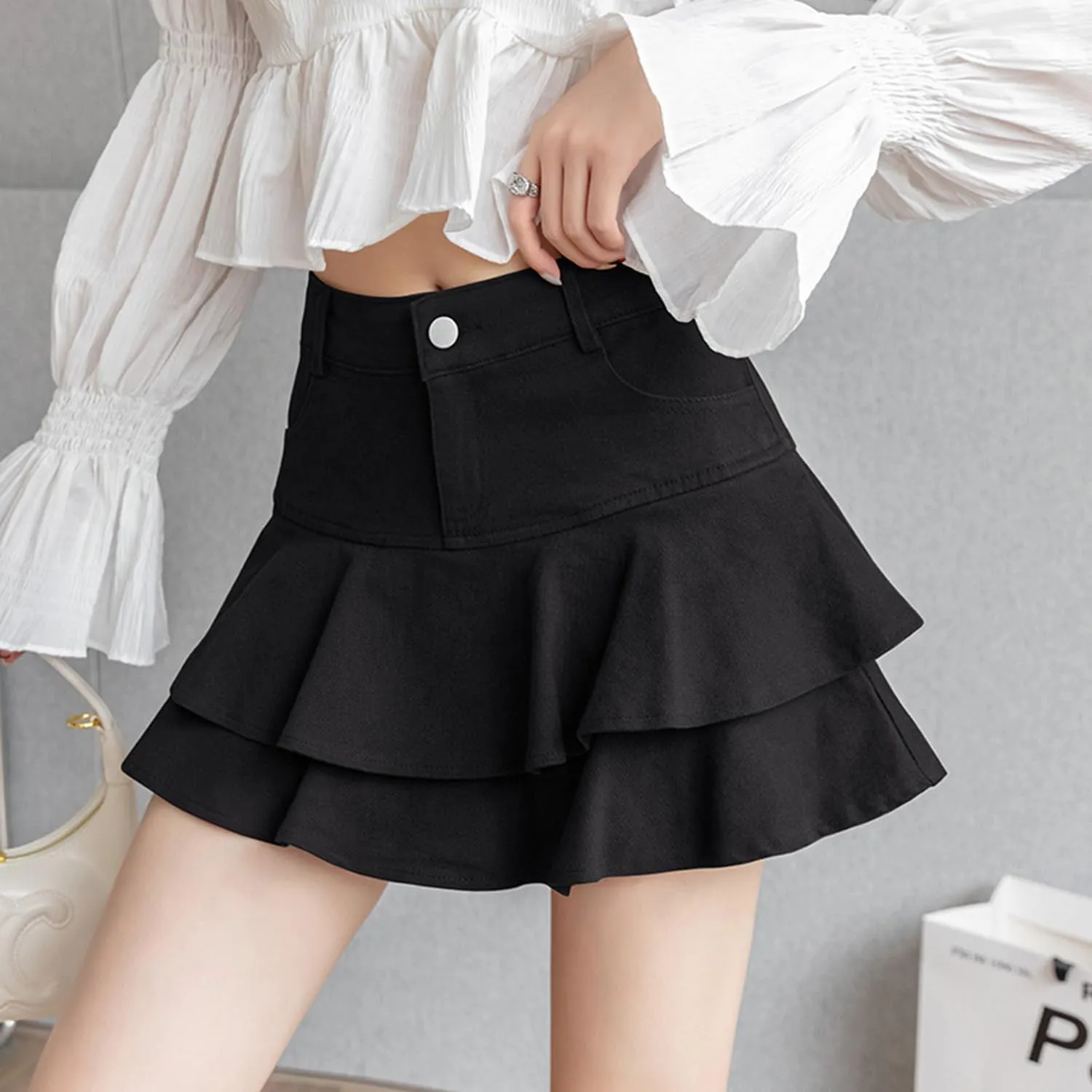 Women's Ruffle Multi-Layer Denim Skirt Casual A-Line Ruffle Y2K Mini Denim Skirt