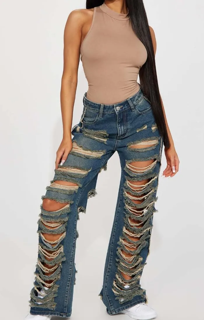 Women's Sexy Skinny Ripped Jeans Stretch Mid High Waist Denim Pants Comfort Soft Fit for Everyday Wear