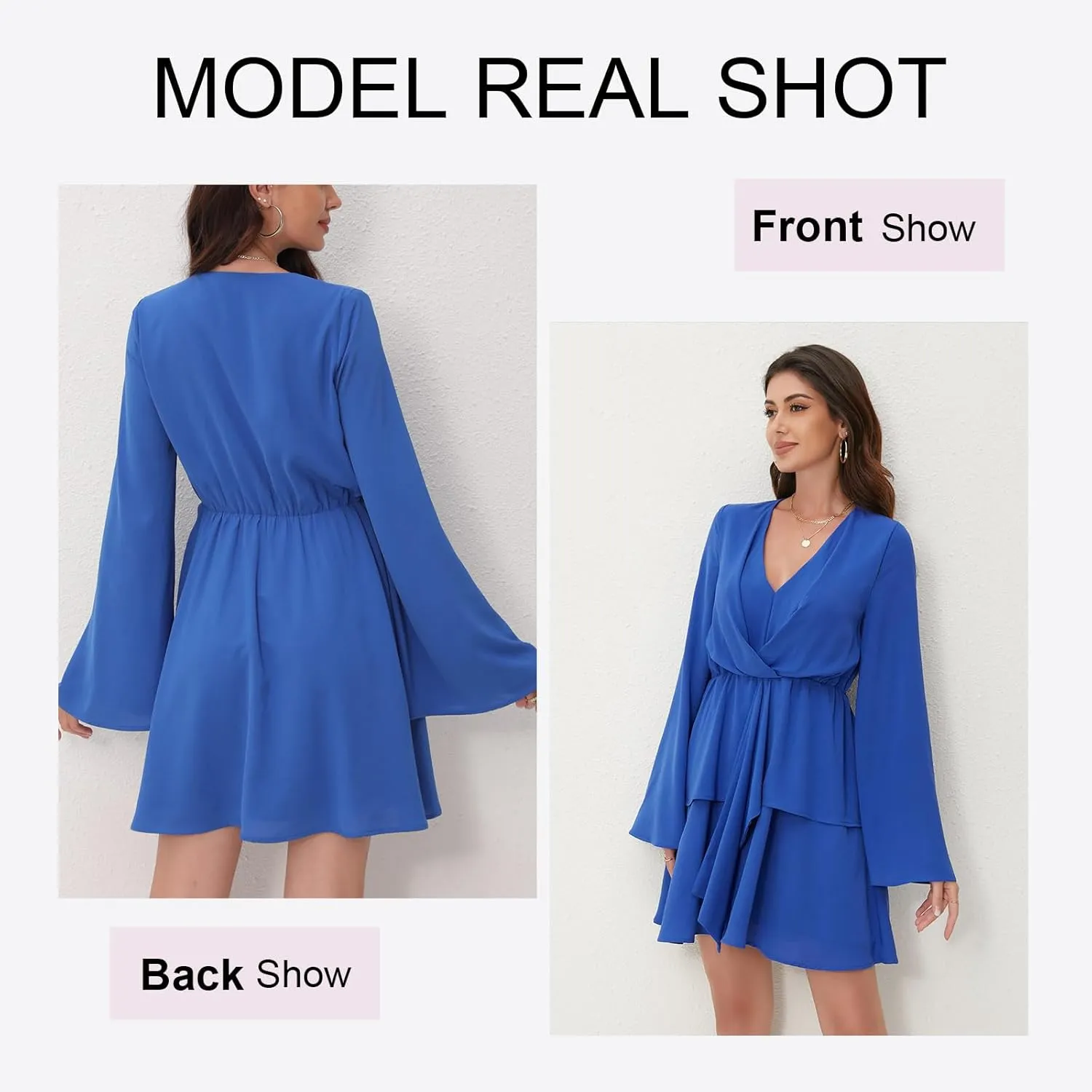 Women's Sexy V-Neck Long Sleeved Waist Pleated Hem Flowing and Swaying Mini A-line Skirt
