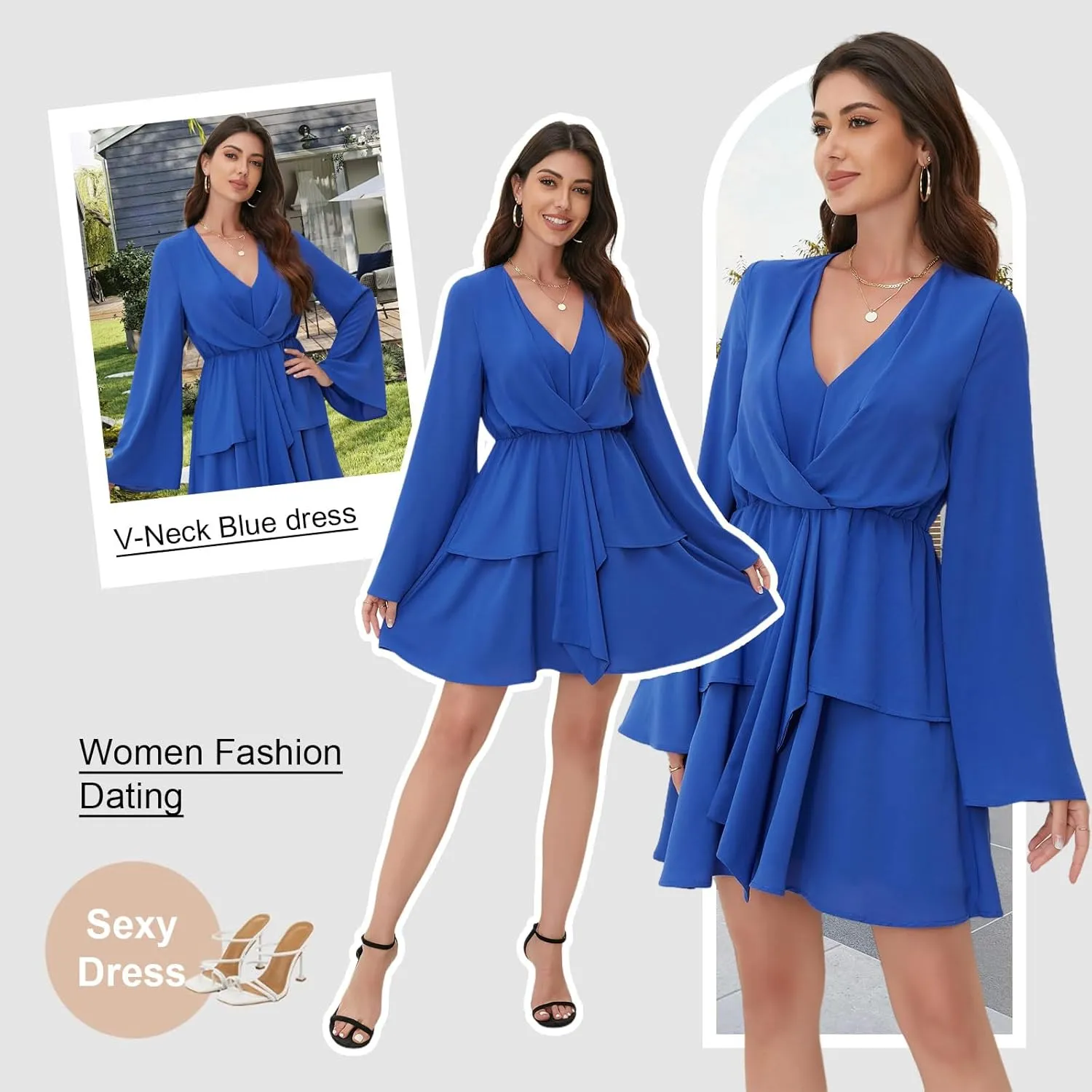 Women's Sexy V-Neck Long Sleeved Waist Pleated Hem Flowing and Swaying Mini A-line Skirt