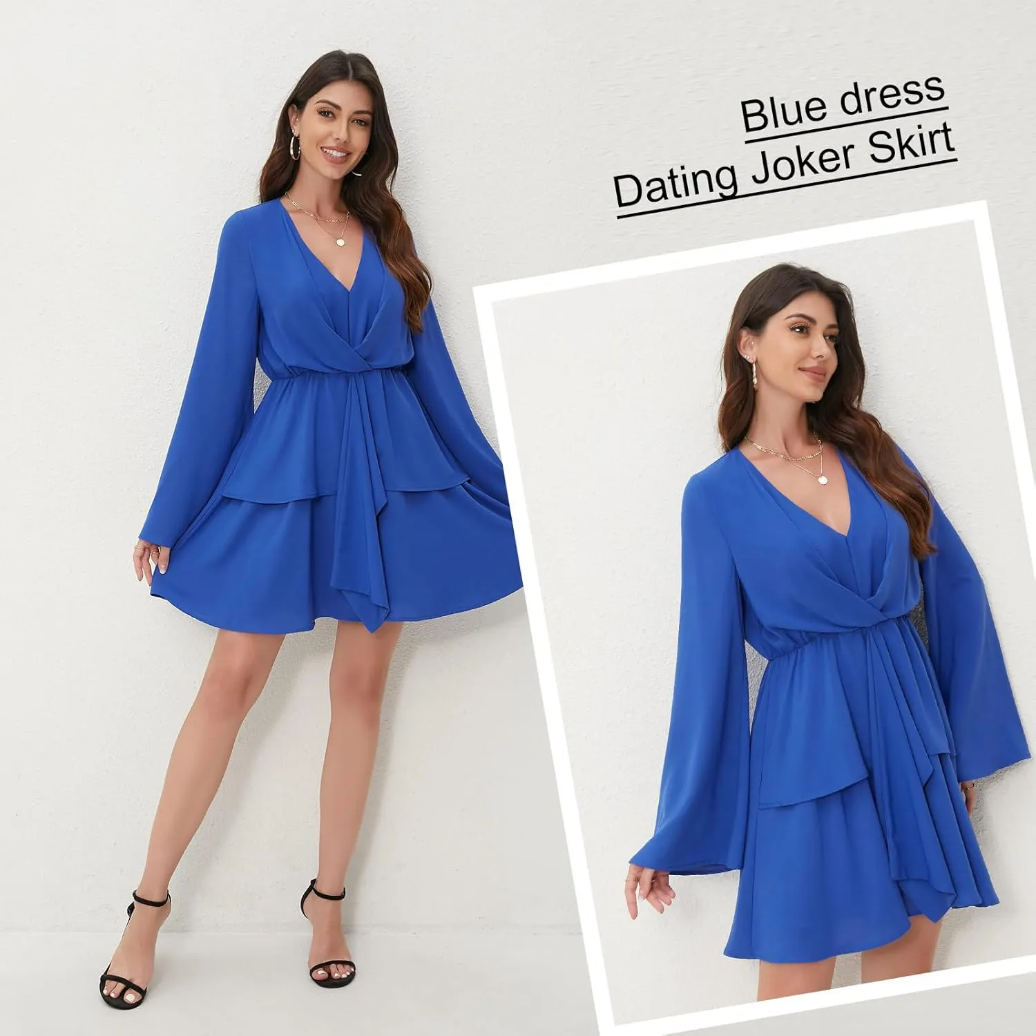 Women's Sexy V-Neck Long Sleeved Waist Pleated Hem Flowing and Swaying Mini A-line Skirt