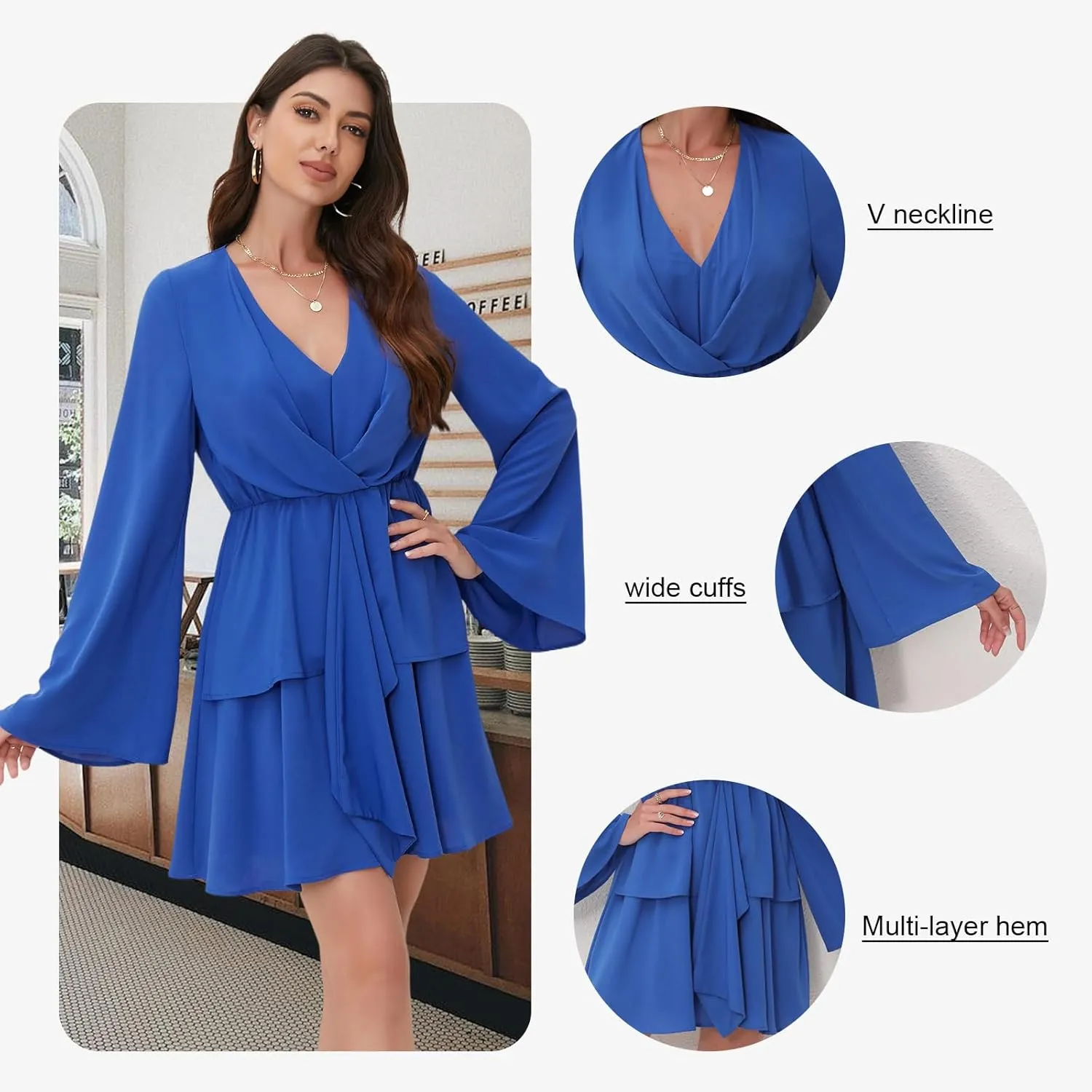 Women's Sexy V-Neck Long Sleeved Waist Pleated Hem Flowing and Swaying Mini A-line Skirt