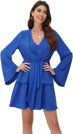 Women's Sexy V-Neck Long Sleeved Waist Pleated Hem Flowing and Swaying Mini A-line Skirt
