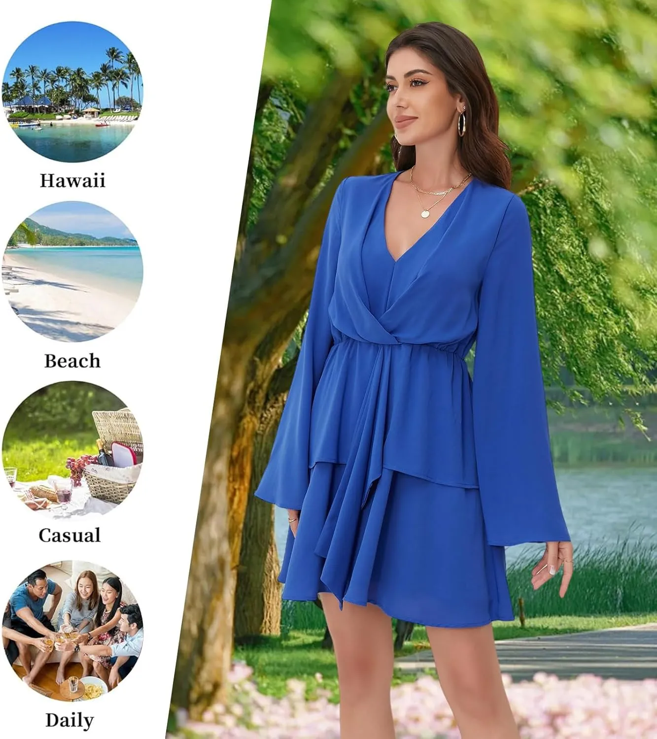 Women's Sexy V-Neck Long Sleeved Waist Pleated Hem Flowing and Swaying Mini A-line Skirt