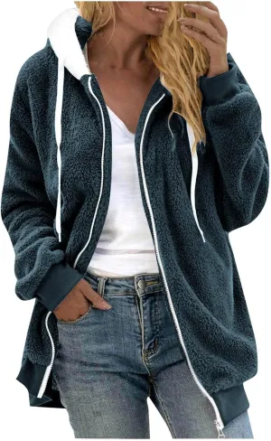 Womens Sherpa Jacket Oversized Fleece Jacket Teddy Bear Coat with Pockets Casual Open Front Hooded Fuzzy Cardigan