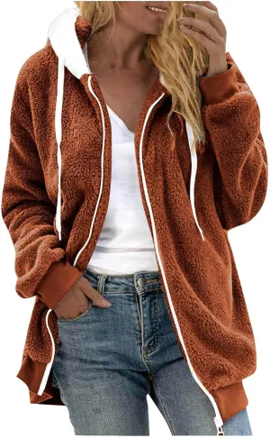 Womens Sherpa Jacket Oversized Fleece Jacket Teddy Bear Coat with Pockets Casual Open Front Hooded Fuzzy Cardigan
