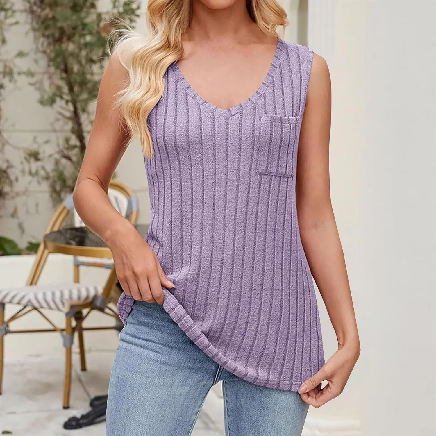 Womens Sleeveless V Neck Tank Tops Fashion Summer Casual Basic Slim Fit Ribbed Racerback Top Shirt Clothes