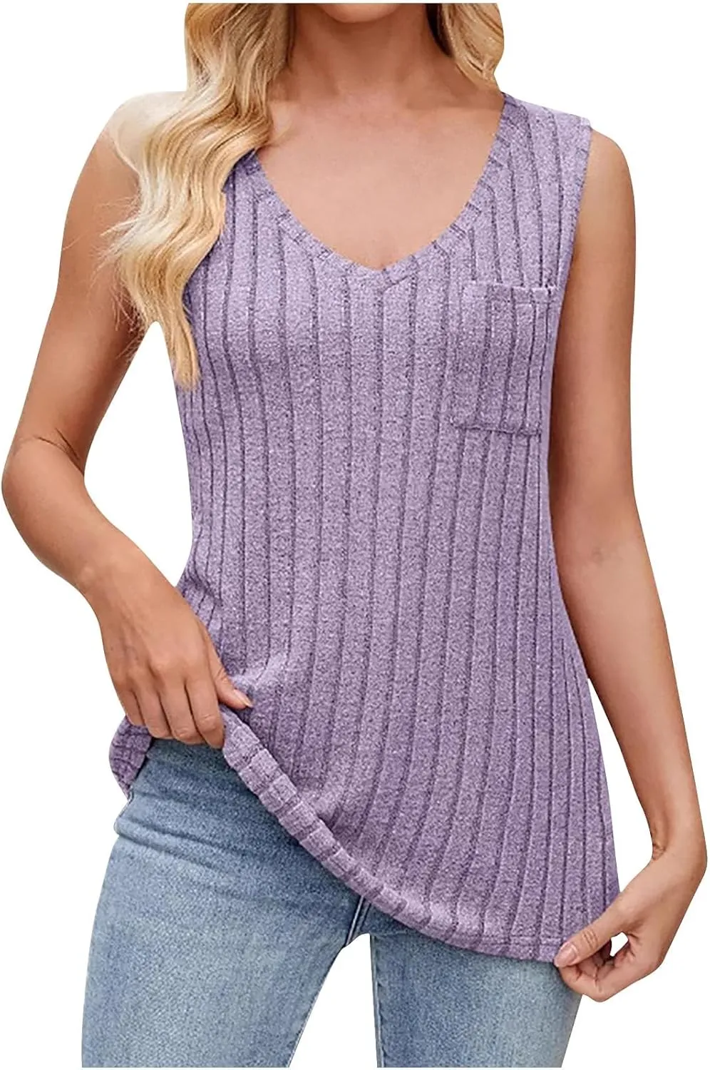 Womens Sleeveless V Neck Tank Tops Fashion Summer Casual Basic Slim Fit Ribbed Racerback Top Shirt Clothes