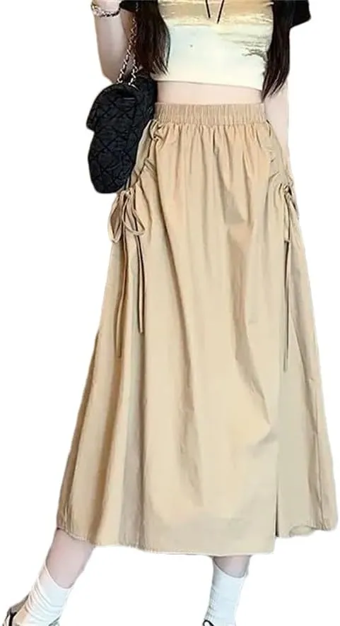Women's Spring Autumn Fashion Drawstring Skirts High Waist A-Line Elastic Solid Color Midi Skirt