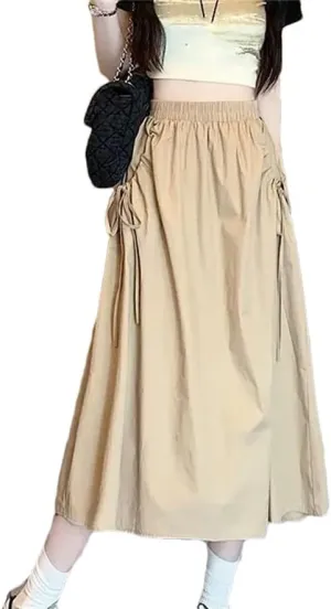 Women's Spring Autumn Fashion Drawstring Skirts High Waist A-Line Elastic Solid Color Midi Skirt
