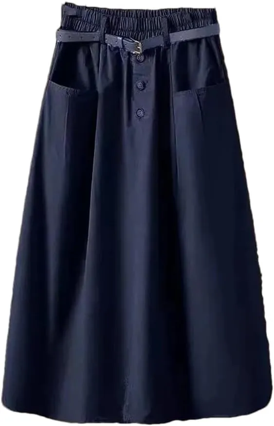 Women's Spring Autumn Skirt Solid Pockets High Waist A-Line Casual Slim Fit Big Swing Skirts