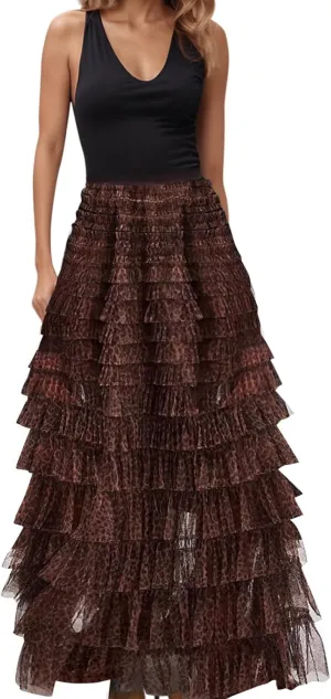 Women's Summer Boho Maxi Skirts Smocked High Wasited Flowy Dress Tiered Ruffle A Line Long Beach Long Skirt Summer