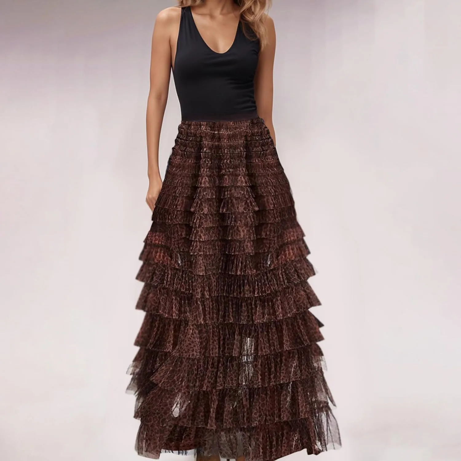 Women's Summer Boho Maxi Skirts Smocked High Wasited Flowy Dress Tiered Ruffle A Line Long Beach Long Skirt Summer