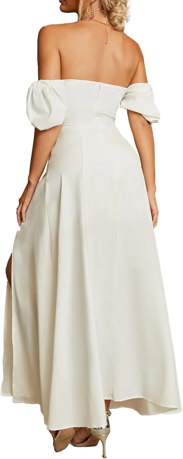 Women's Summer Puff Sleeve Floral Split Maxi Dress Flowy A Line Casual Beach Long Dresses 2025