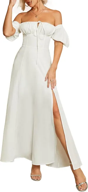Women's Summer Puff Sleeve Floral Split Maxi Dress Flowy A Line Casual Beach Long Dresses 2025