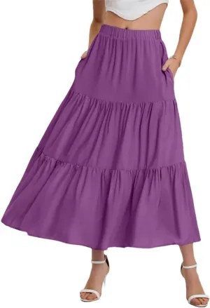 Women's Summer Skirt Bohemian Elastic Waist Flowing Ruffles Hem A Line Large Swing Puffy Skirt