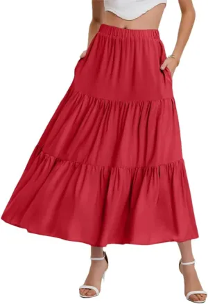 Women's Summer Skirt Bohemian Elastic Waist Flowing Ruffles Hem A Line Large Swing Puffy Skirt