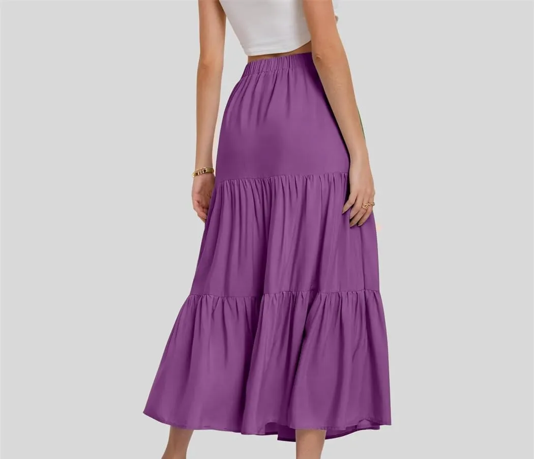 Women's Summer Skirt Bohemian Elastic Waist Flowing Ruffles Hem A Line Large Swing Puffy Skirt