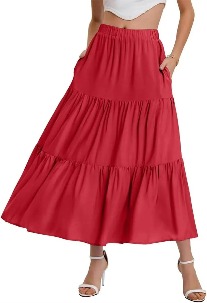 Women's Summer Skirt Bohemian Elastic Waist Flowing Ruffles Hem A Line Large Swing Puffy Skirt