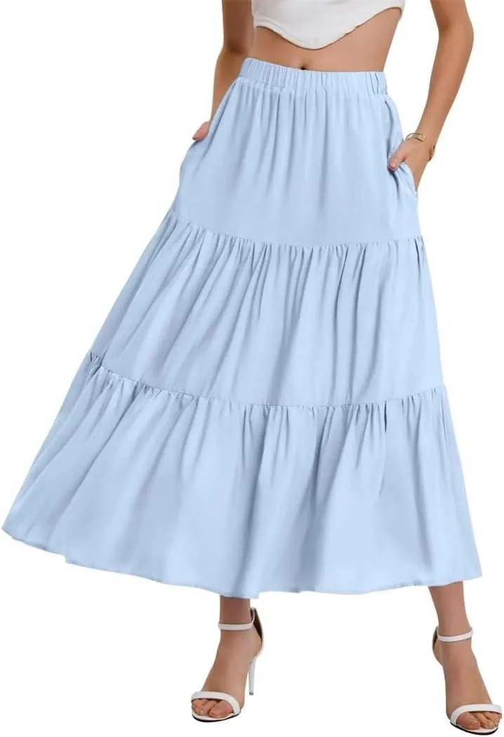 Women's Summer Skirt Bohemian Elastic Waist Flowing Ruffles Hem A Line Large Swing Puffy Skirt