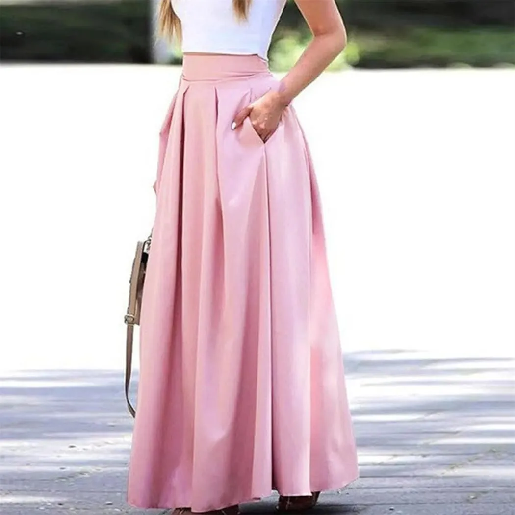 Women's Summer Solid Pleated Skirt Large Swing High Waist Floor Length Length Half with Pocket Skirts